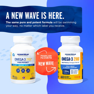 The image features several Omega-3 2100 MG supplement bottles prominently displaying labels with the phrases High Potency and Heart Support. The bottles are set against a soothing wellness-themed blue background, highlighting their health benefits. Each bottle is uniform in design, underscoring the consistency of the products formula. This scene suggests a focus on heart health and high-quality supplementation.