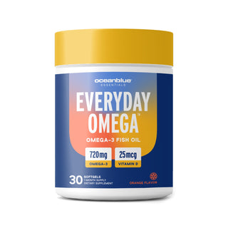 Description: The image shows a bottle labeled Everyday Omega, which contains 30 softgels. Each softgel delivers 720mg of Omega-3 and 25mcg of Vitamin D, promoting overall wellness. The softgels are orange-flavored to provide a pleasant taste experience.